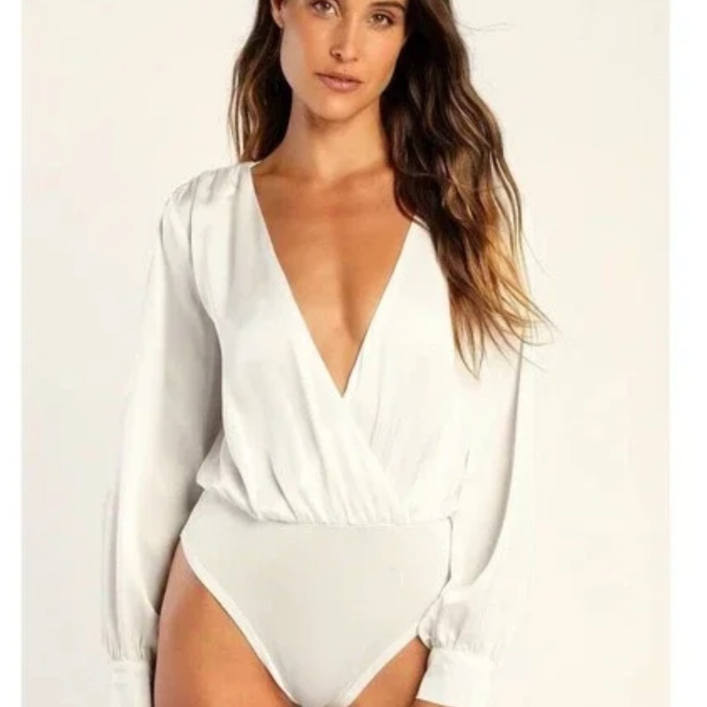 wrap front deep v body suit white Lulu's
